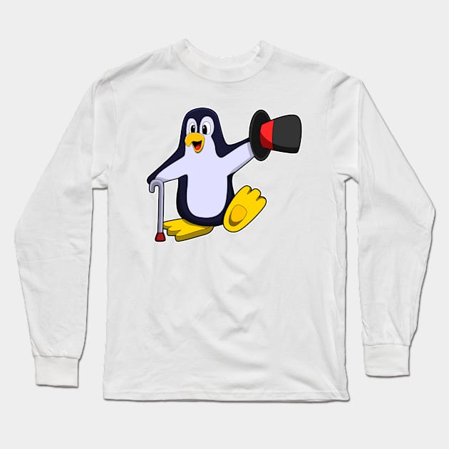 Penguin as Gentleman with Hat & Walking stick Long Sleeve T-Shirt by Markus Schnabel